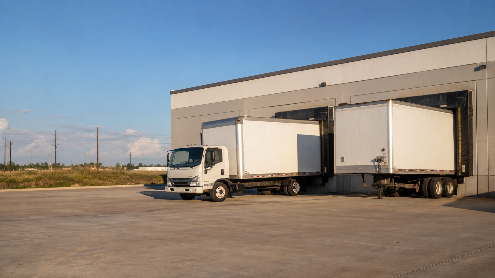 Two unbranded trucks positioned at an industrial warehouse dock