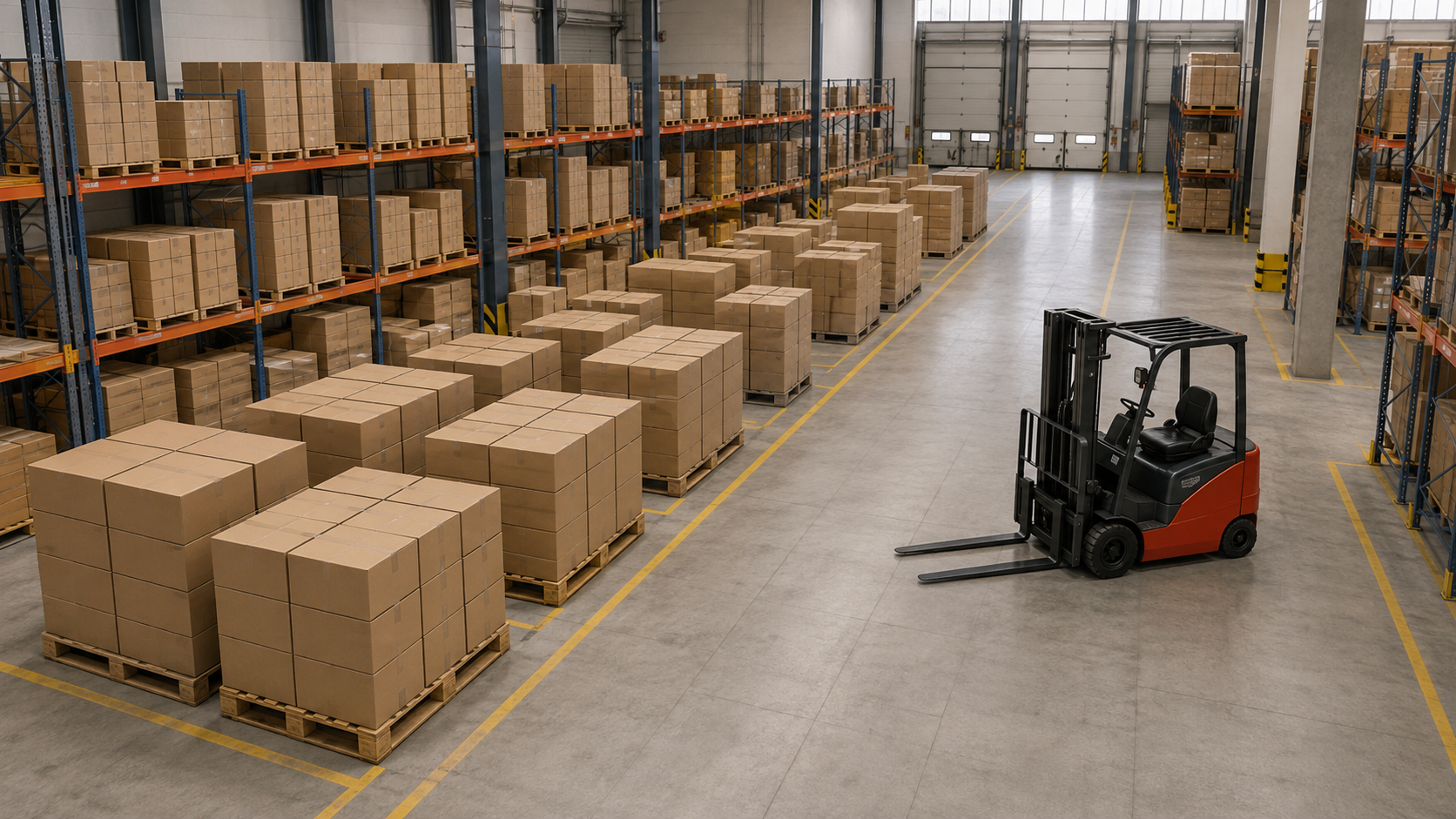 Organized warehouse floor with palletized goods and loading areas