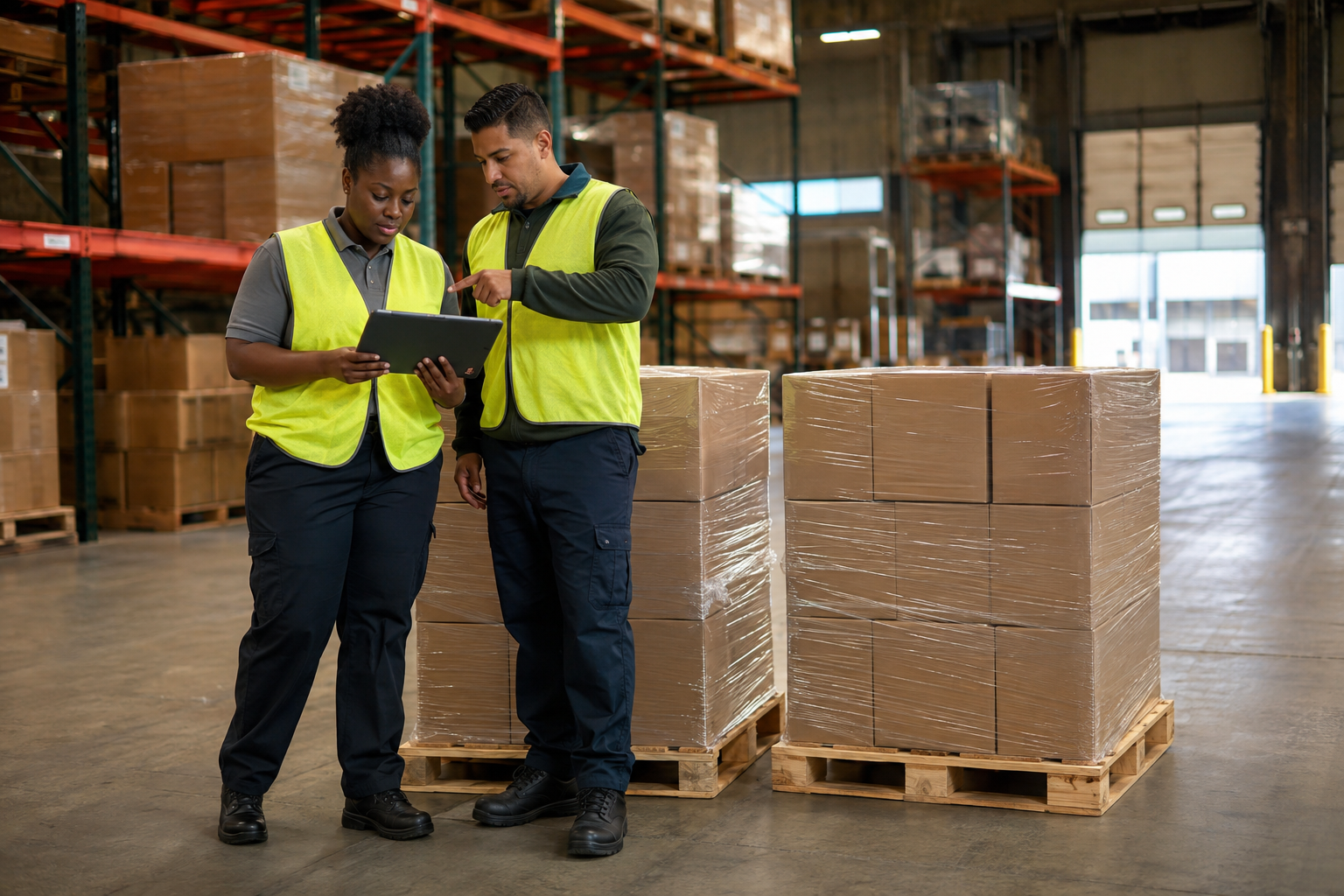 Warehouse workers reviewing handling details beside stacked pallets